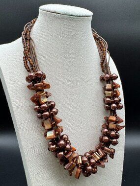Beaded Necklace Brown Faux Pearls and Mother of Pearl Shells 18 inches
